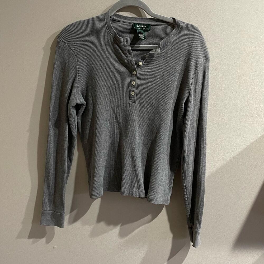 Lauren Ralph Lauren Grey Ribbed Henley Sweater
